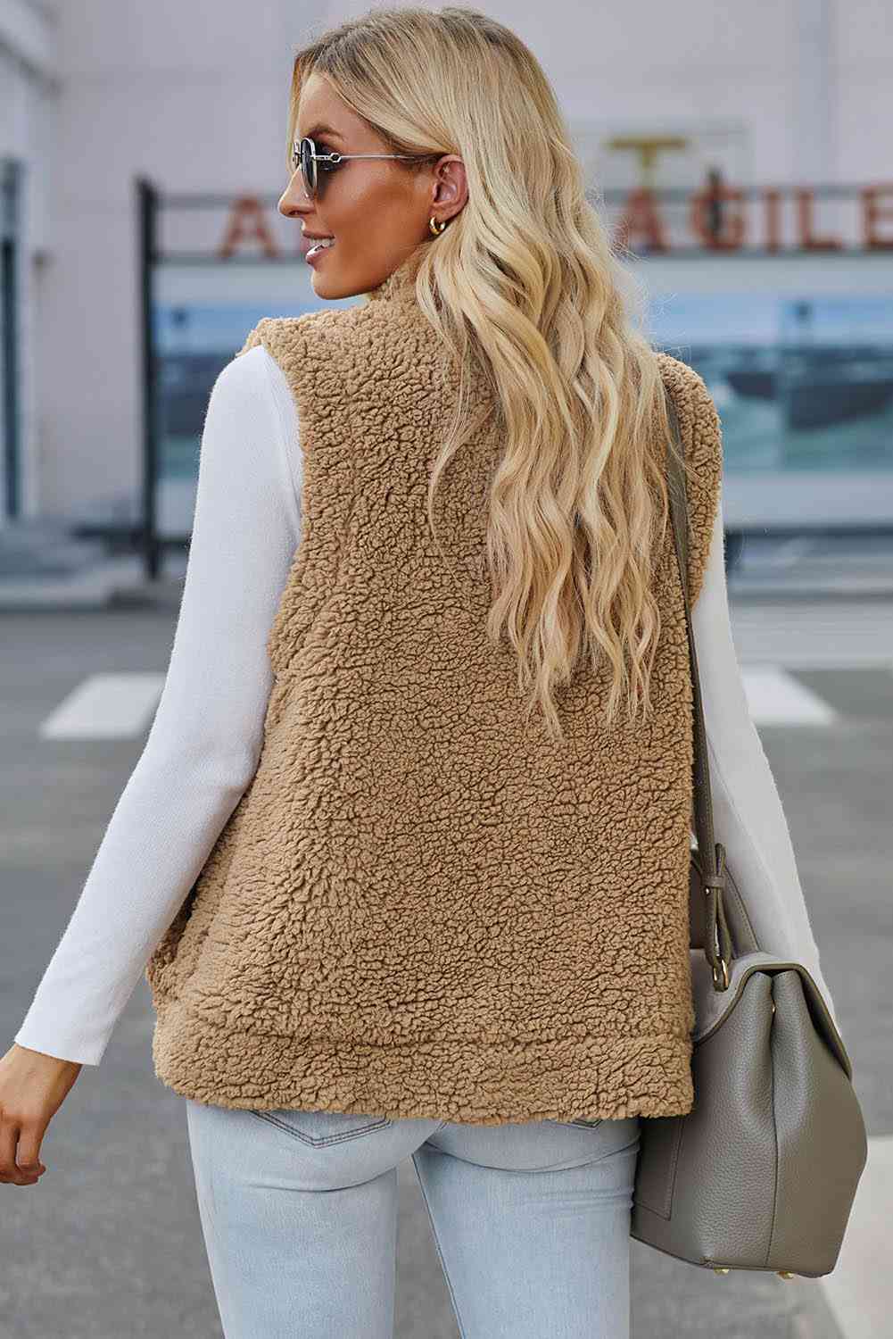 Snap Down Vest with Pockets - Vest - Tan - Bella Bourget