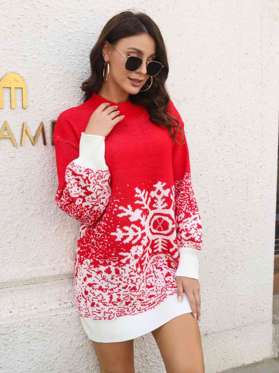 Snowflake Pattern Sweater Dress - Sweater Dress - Red - Bella Bourget