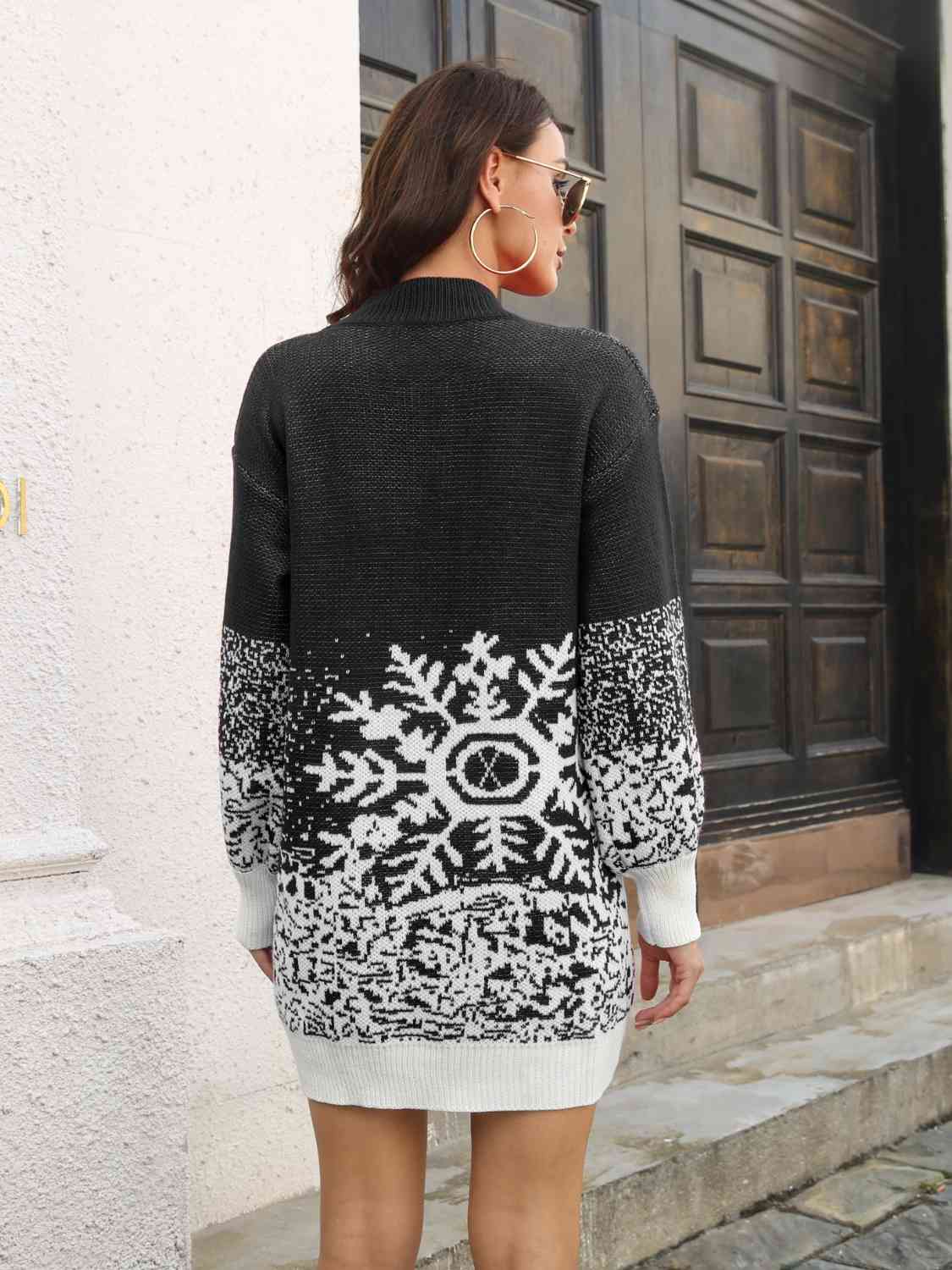 Snowflake Pattern Sweater Dress - Sweater Dress - Black - Bella Bourget