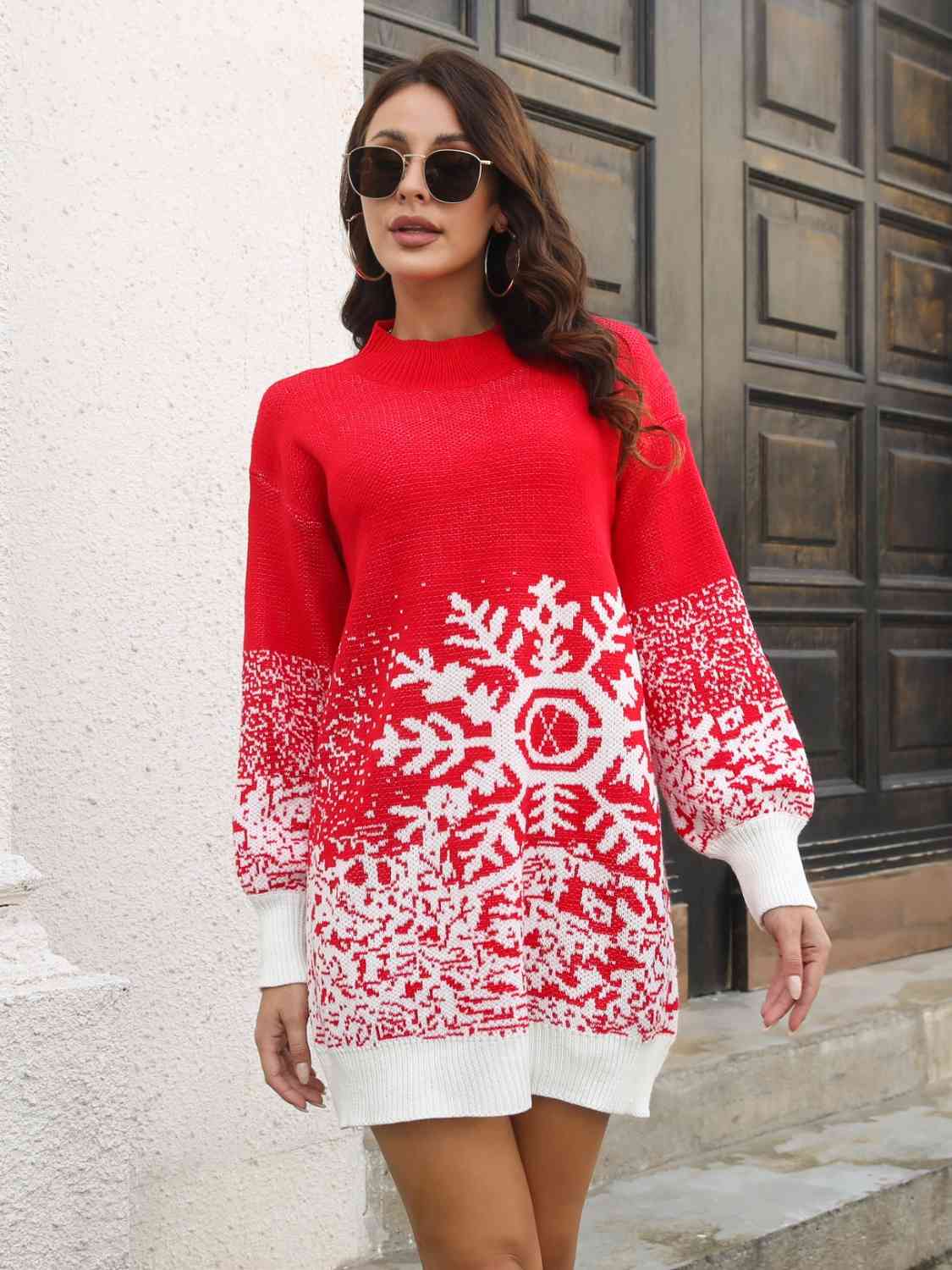 Snowflake Pattern Sweater Dress - Sweater Dress - Red - Bella Bourget