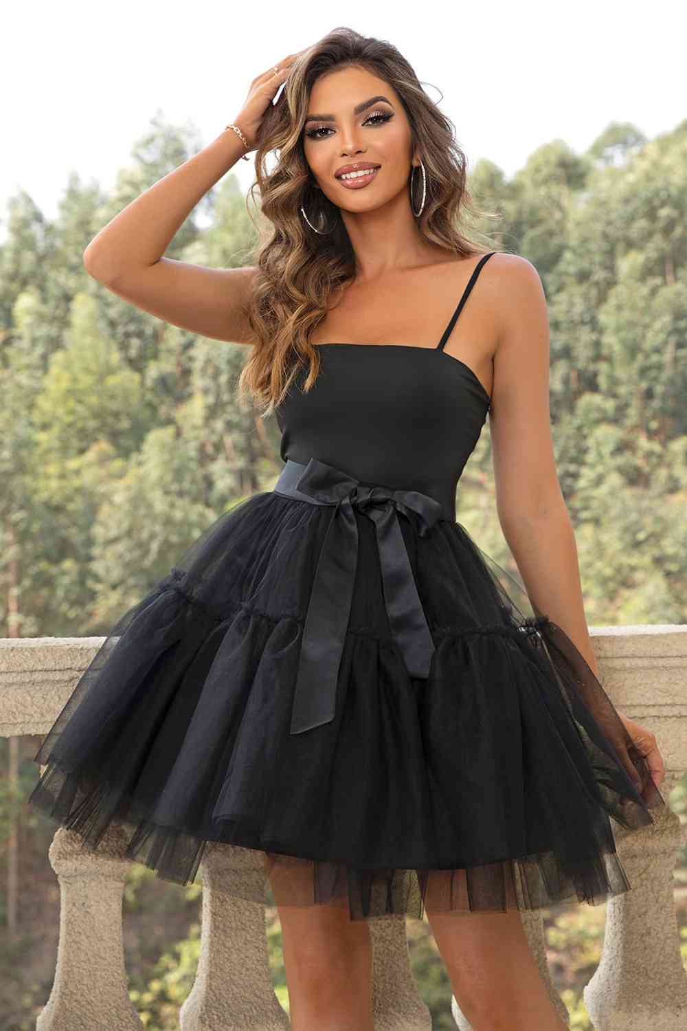 Spaghetti Strap Tied Mesh Dress - Party Dress - Black - Bella Bourget