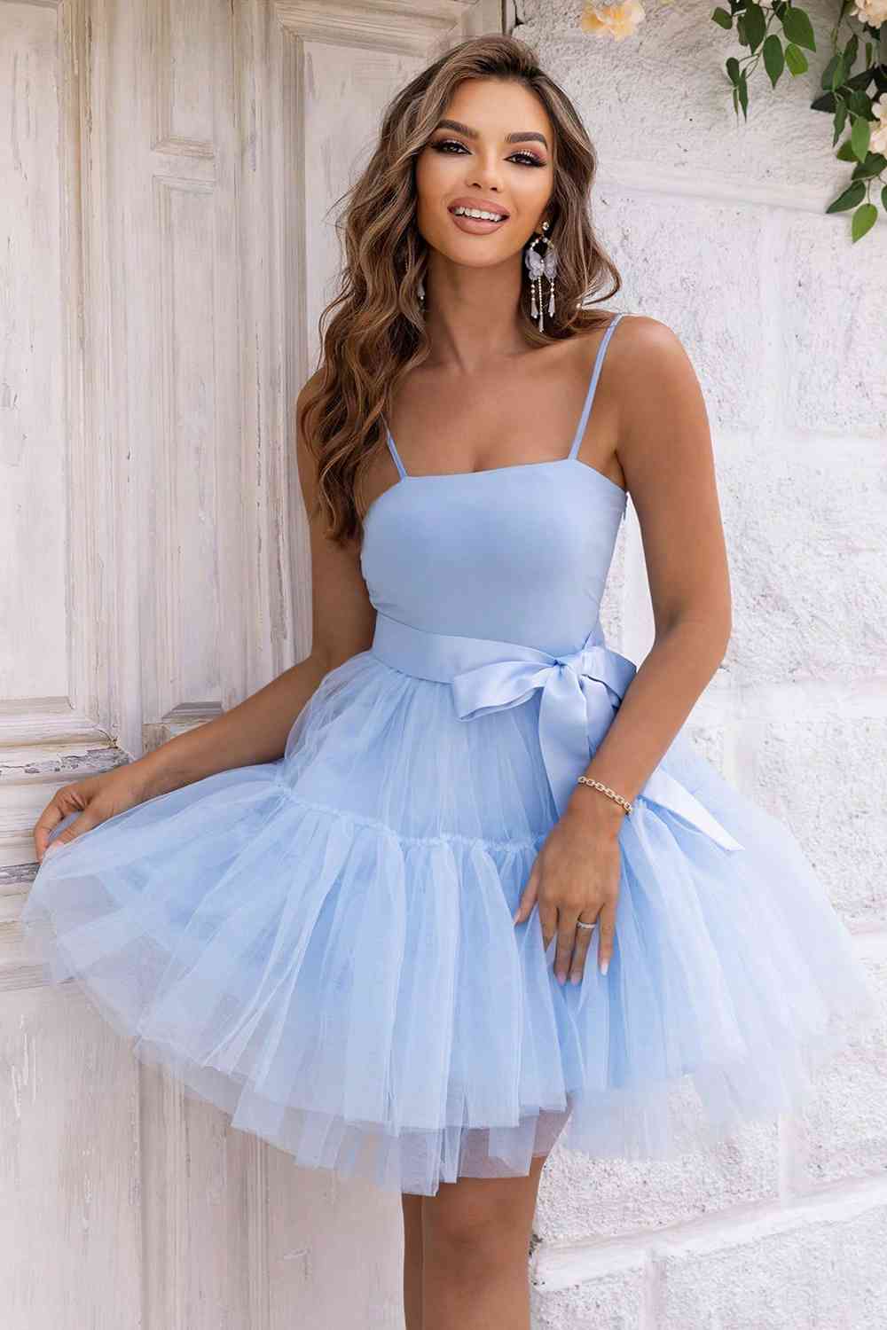 Spaghetti Strap Tied Mesh Dress - Party Dress - Misty Blue - Bella Bourget