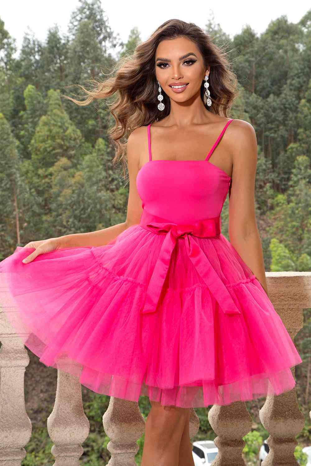 Spaghetti Strap Tied Mesh Dress - Party Dress - Hot Pink - Bella Bourget