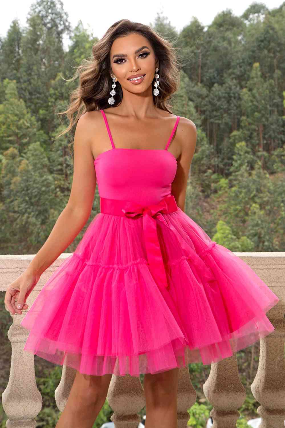 Spaghetti Strap Tied Mesh Dress - Party Dress - Hot Pink - Bella Bourget