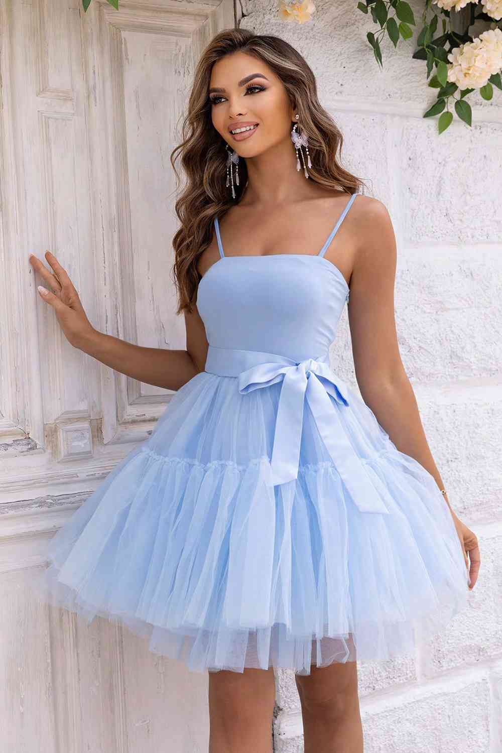 Spaghetti Strap Tied Mesh Dress - Party Dress - Misty Blue - Bella Bourget