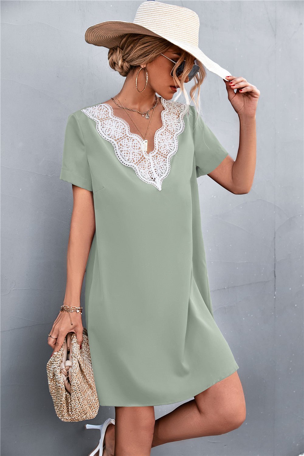 Spliced Lace Contrast Short Sleeve Dress - Dress - Green - Bella Bourget