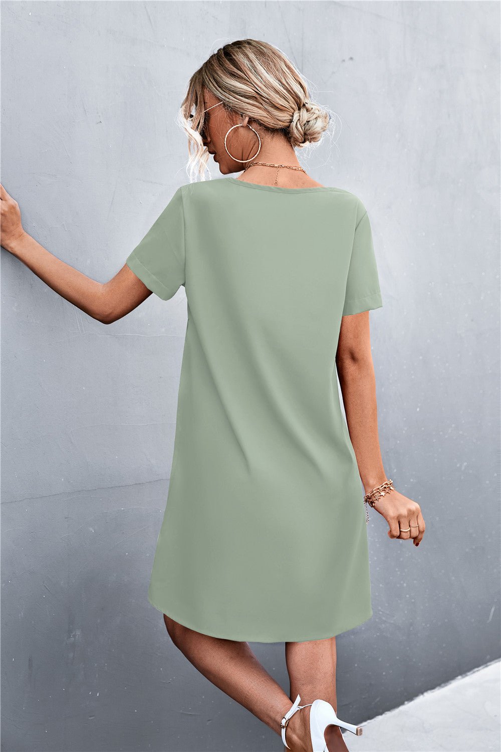 Spliced Lace Contrast Short Sleeve Dress - Dress - Green - Bella Bourget