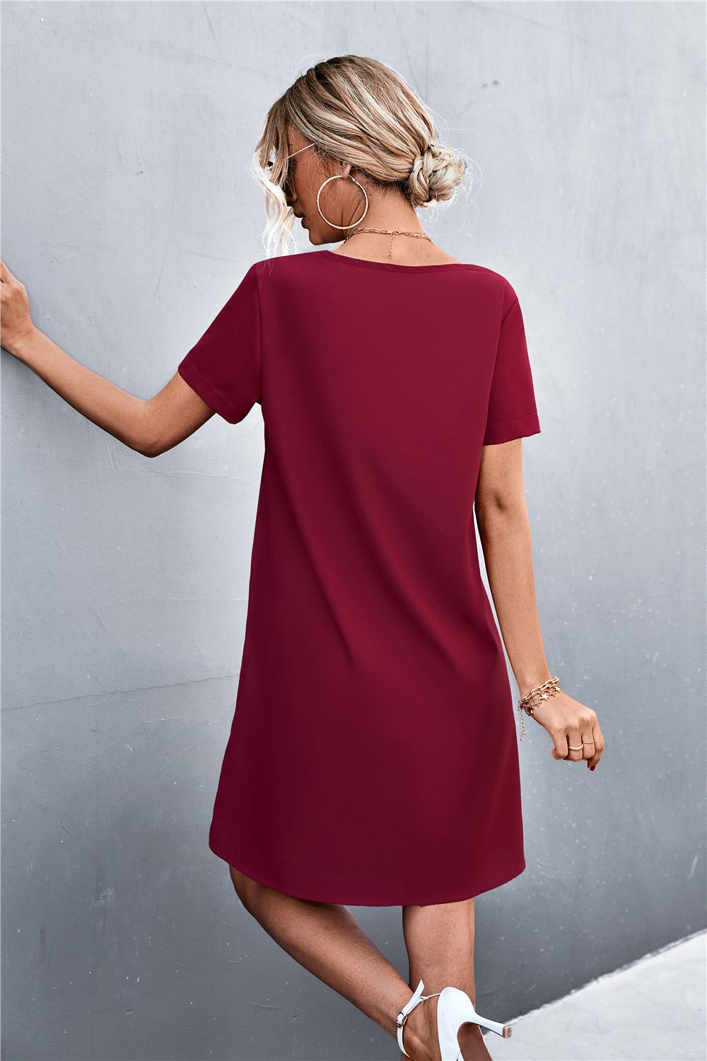 Spliced Lace Contrast Short Sleeve Dress - Dress - Wine - Bella Bourget