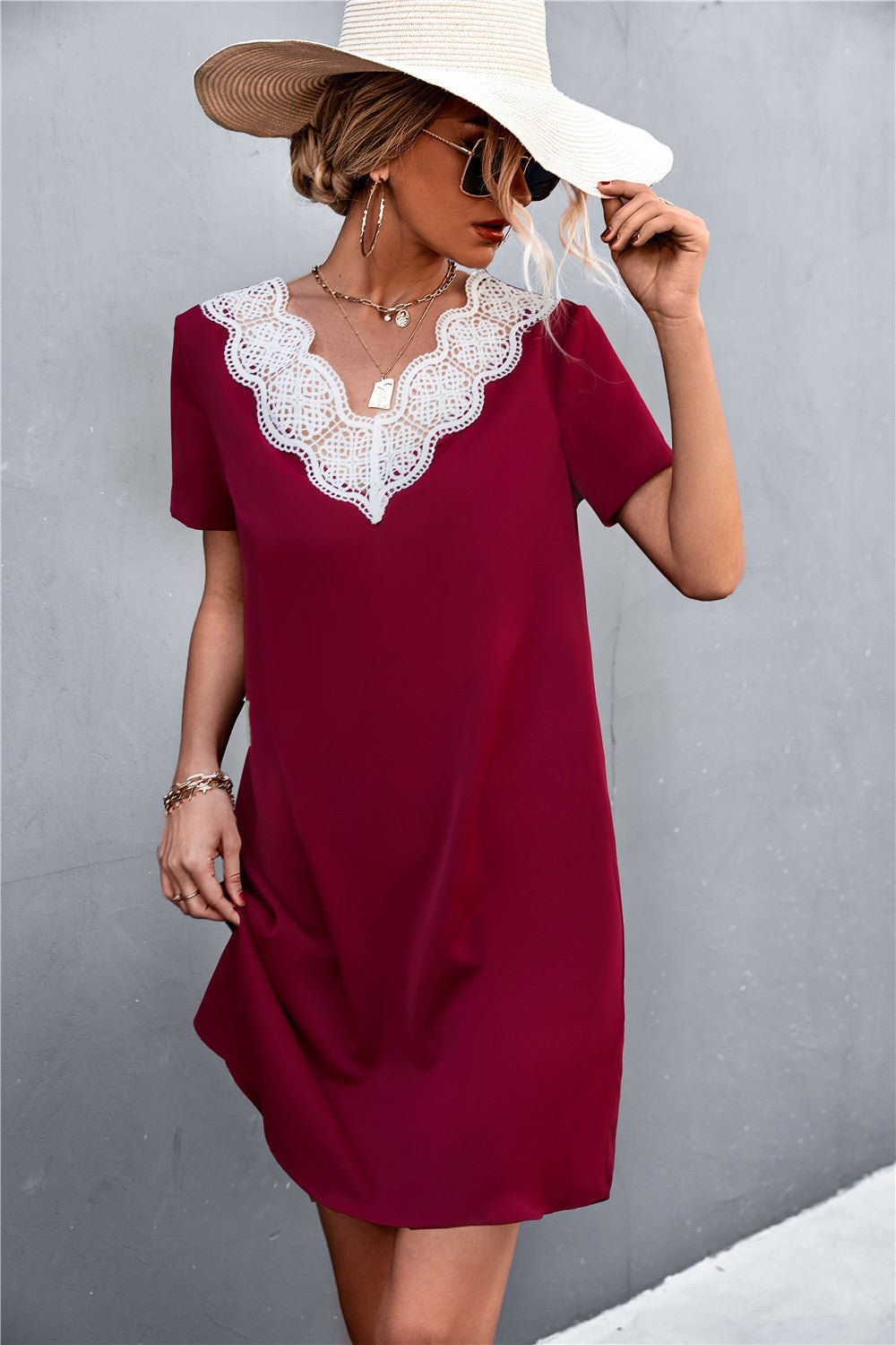 Spliced Lace Contrast Short Sleeve Dress - Dress - Wine - Bella Bourget