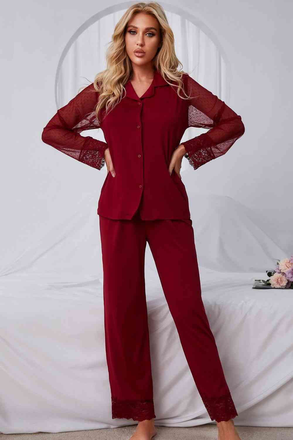 Spliced Lace Lapel Collar Pajama Set - Loungewear - Red - Bella Bourget