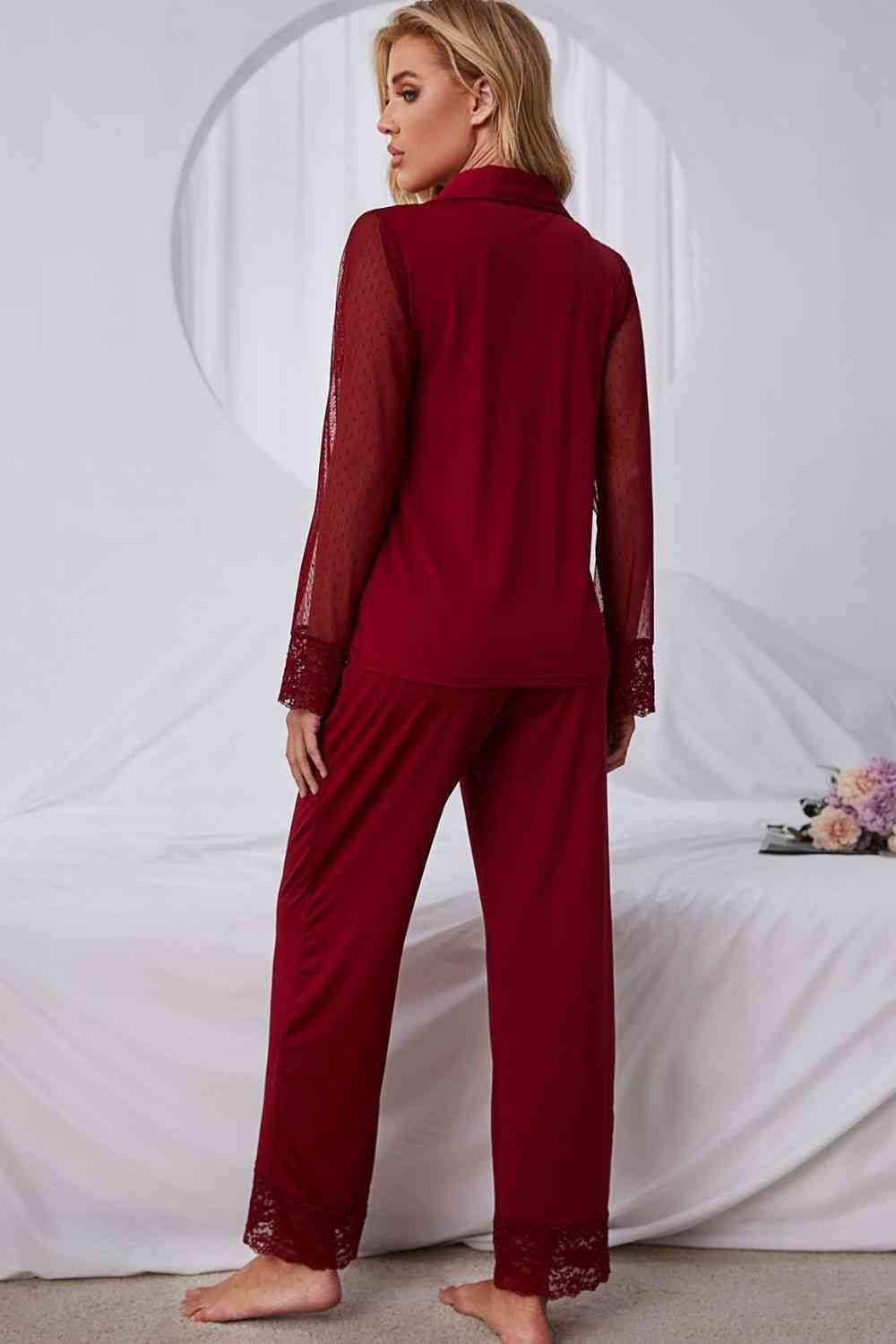 Spliced Lace Lapel Collar Pajama Set - Loungewear - Red - Bella Bourget