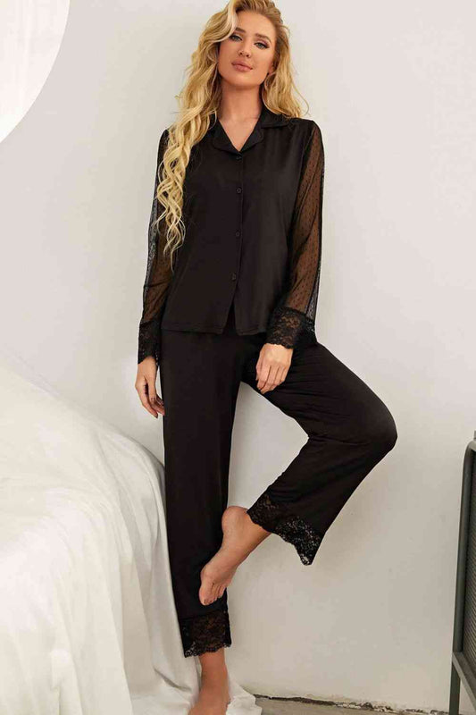 Spliced Lace Lapel Collar Pajama Set - Loungewear - Black - Bella Bourget