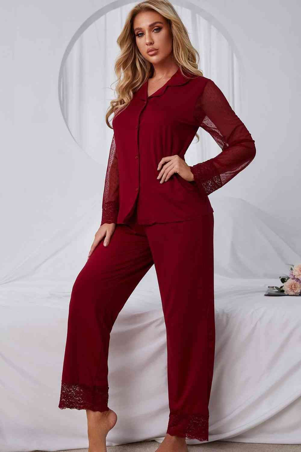 Spliced Lace Lapel Collar Pajama Set - Loungewear - Red - Bella Bourget