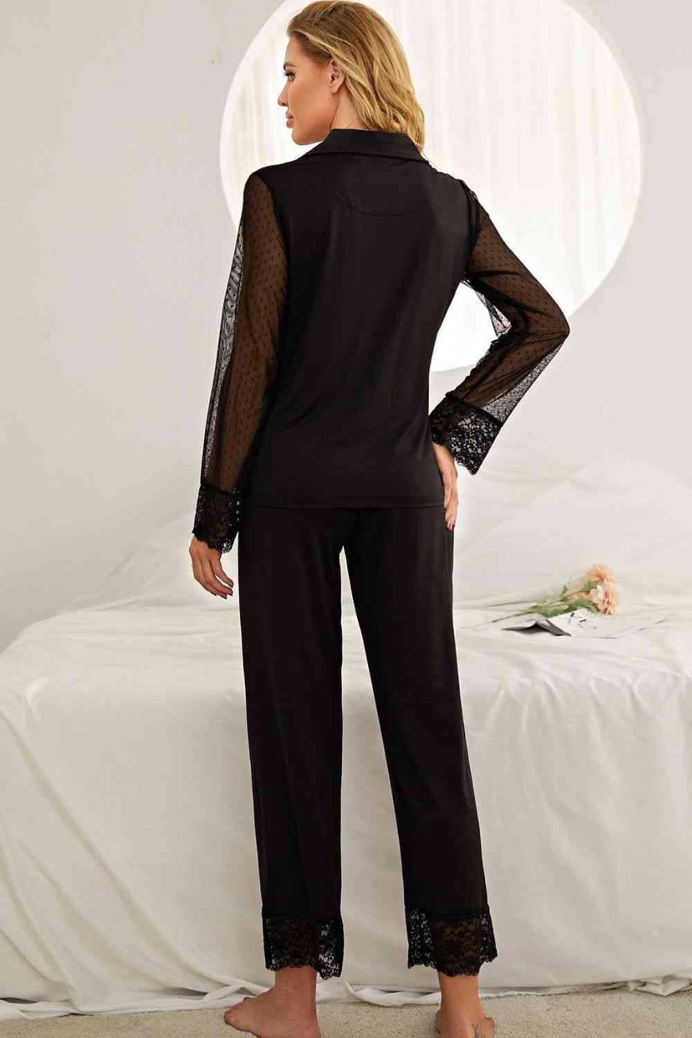 Spliced Lace Lapel Collar Pajama Set - Loungewear - Black - Bella Bourget