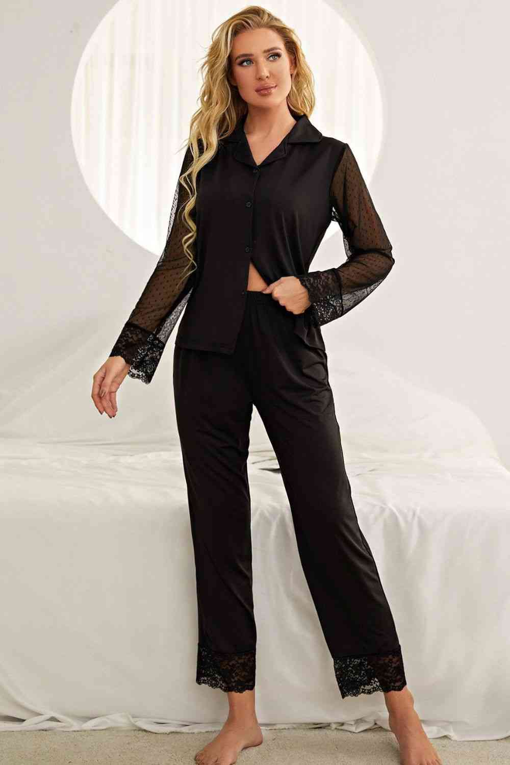 Spliced Lace Lapel Collar Pajama Set - Loungewear - Black - Bella Bourget