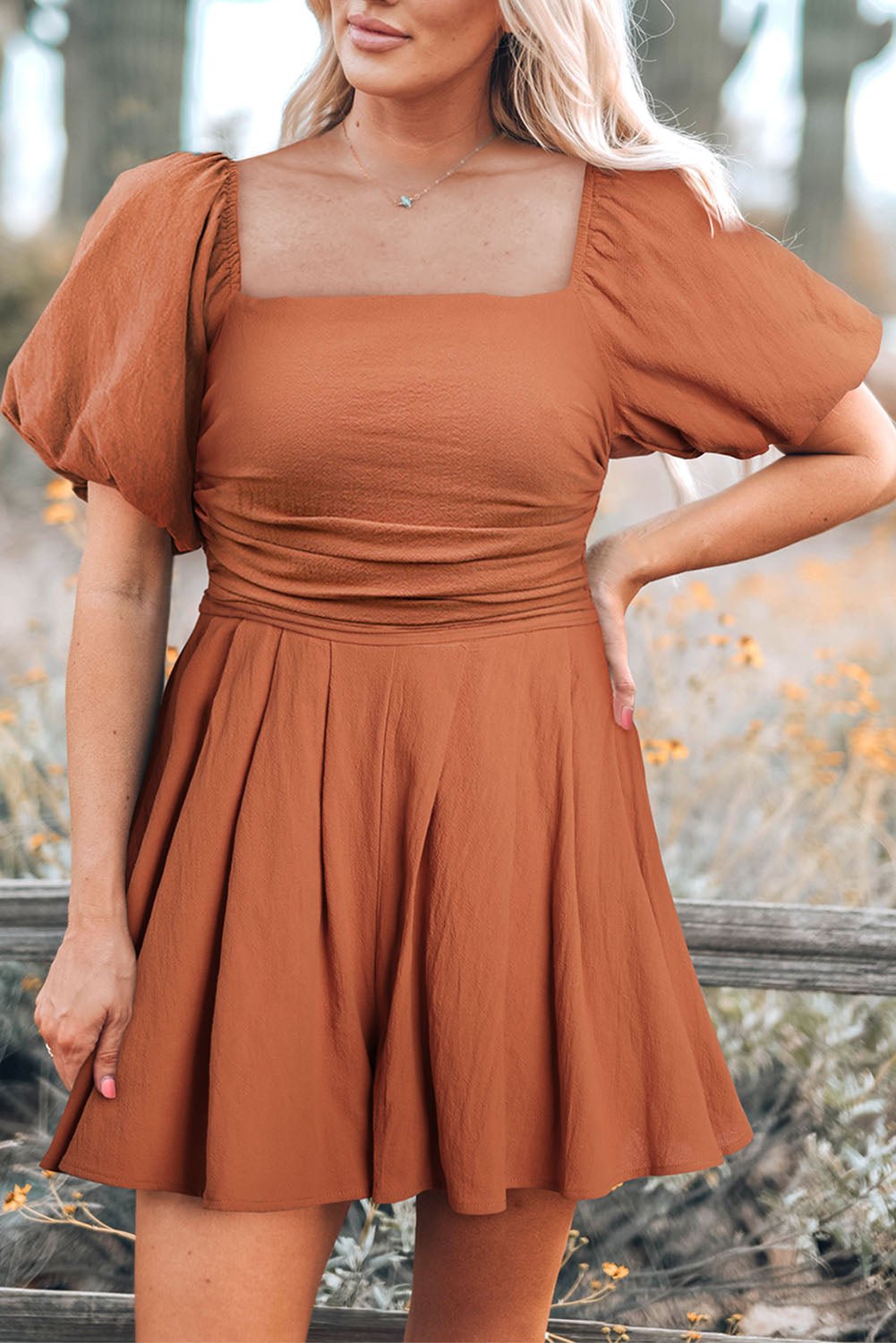 Square Neck Pleated Romper with Pockets - Dress - Ochre - Bella Bourget