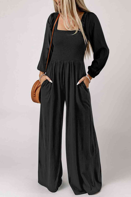 Square Neck Raglan Sleeve Jumpsuit with Pocket - Jumpsuit - Black - Bella Bourget