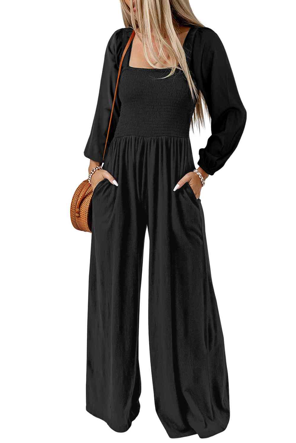 Square Neck Raglan Sleeve Jumpsuit with Pocket - Jumpsuit - Black - Bella Bourget