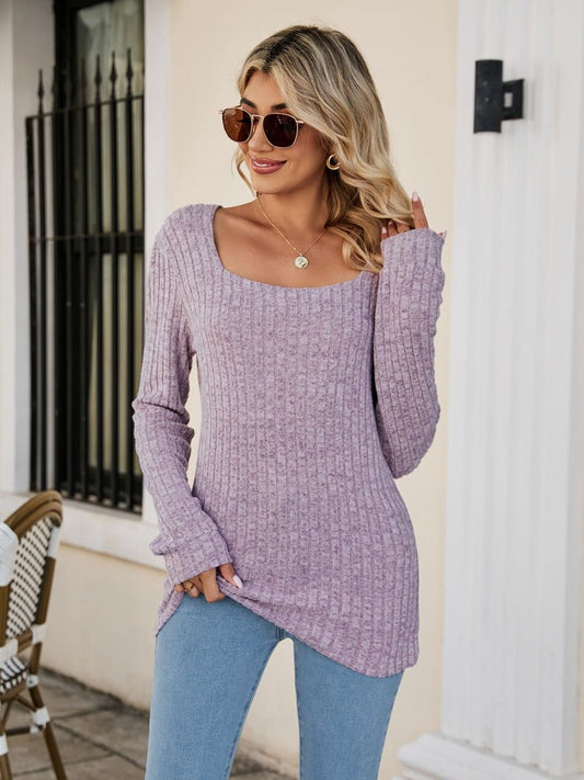 Square Neck Ribbed Long Sleeve T - Shirt - Knit Top - Lavender - Bella Bourget