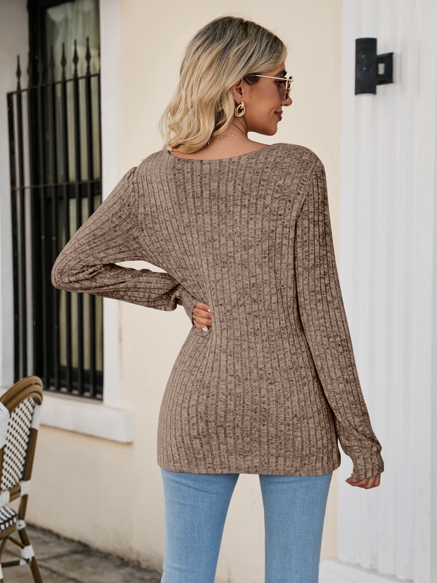 Square Neck Ribbed Long Sleeve T - Shirt - Knit Top - Khaki - Bella Bourget