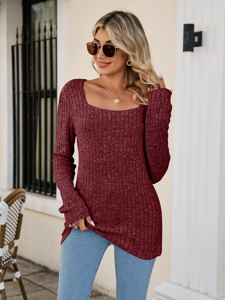 Square Neck Ribbed Long Sleeve T - Shirt - Knit Top - Wine - Bella Bourget