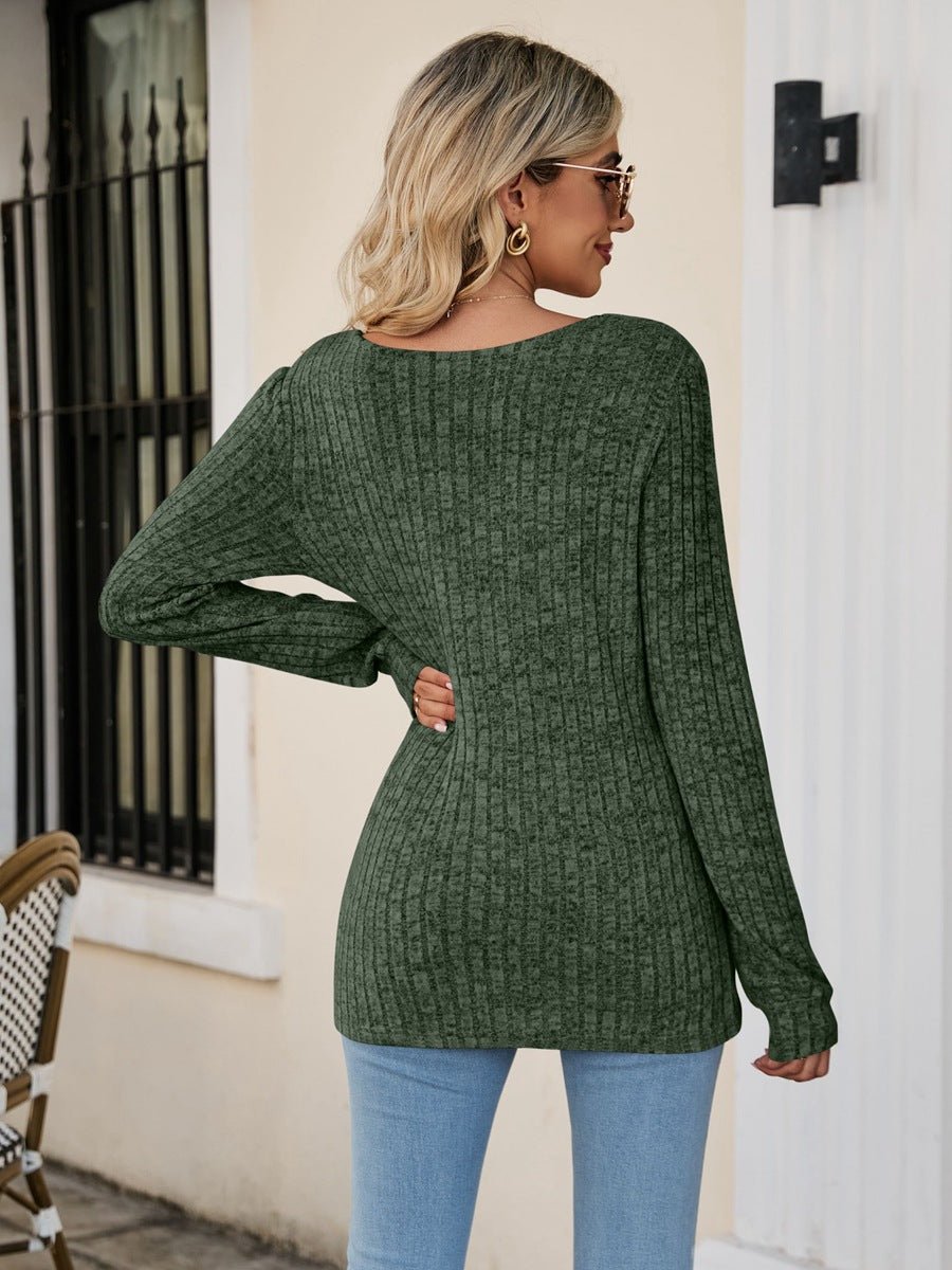 Square Neck Ribbed Long Sleeve T - Shirt - Knit Top - Matcha Green - Bella Bourget