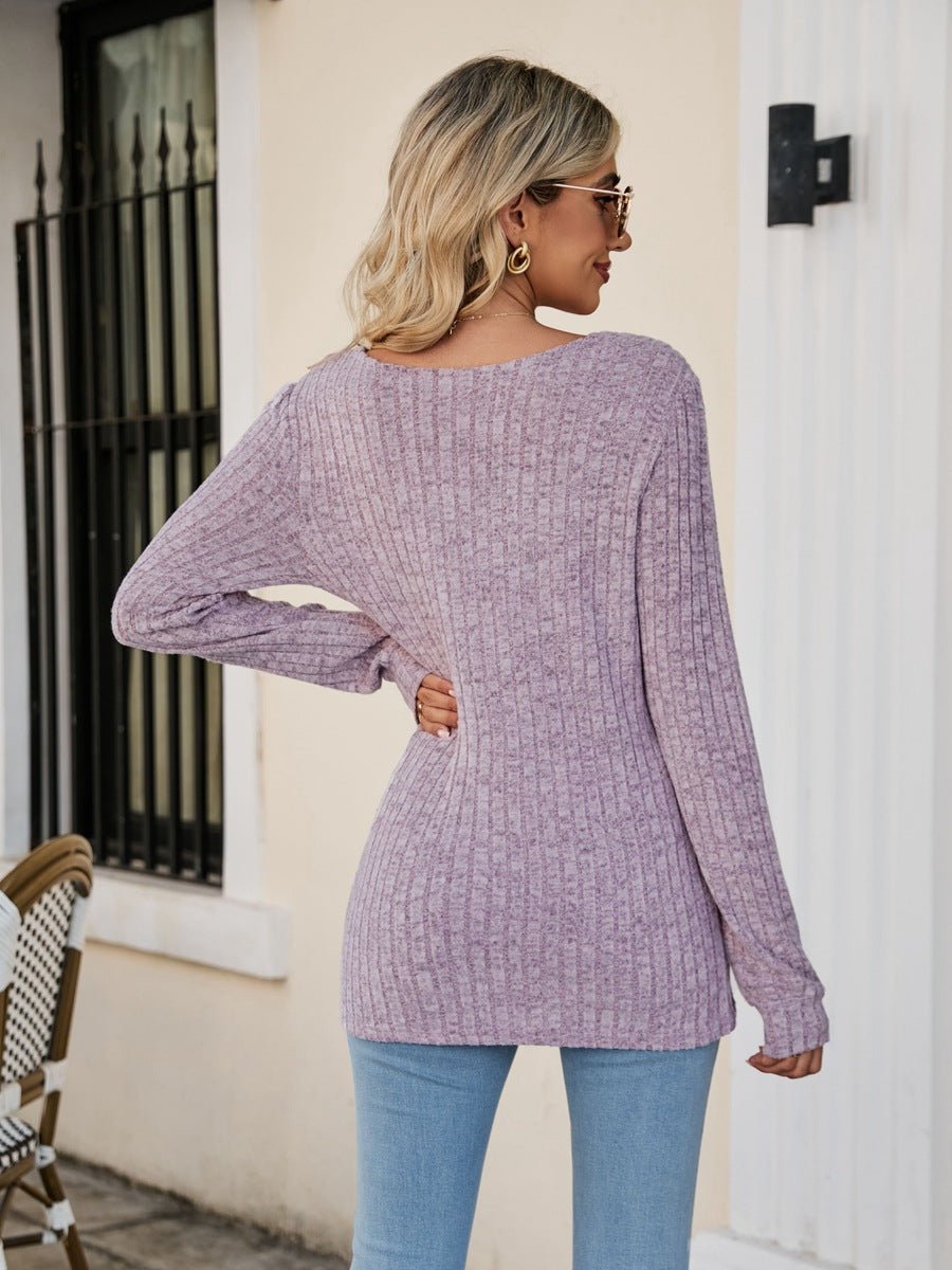 Square Neck Ribbed Long Sleeve T - Shirt - Knit Top - Lavender - Bella Bourget