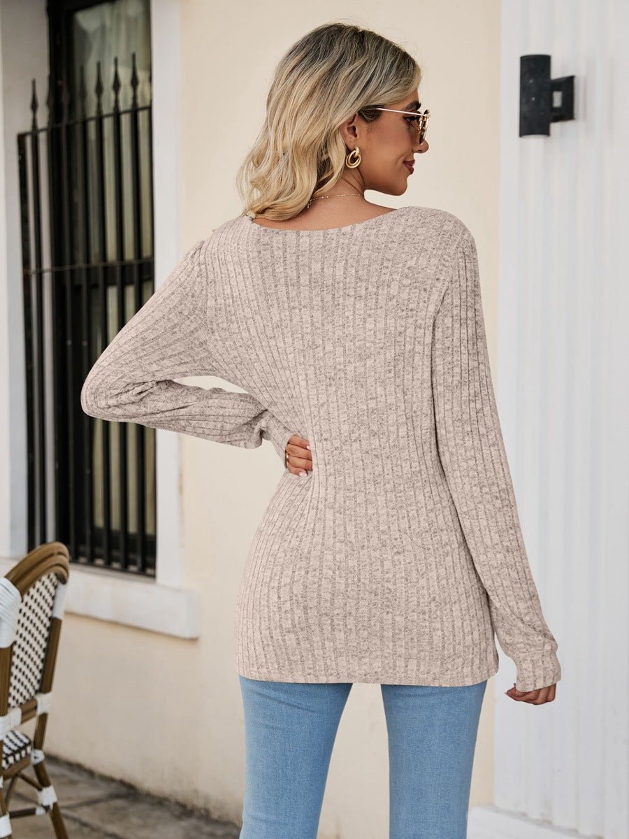 Square Neck Ribbed Long Sleeve T - Shirt - Knit Top - Beige - Bella Bourget