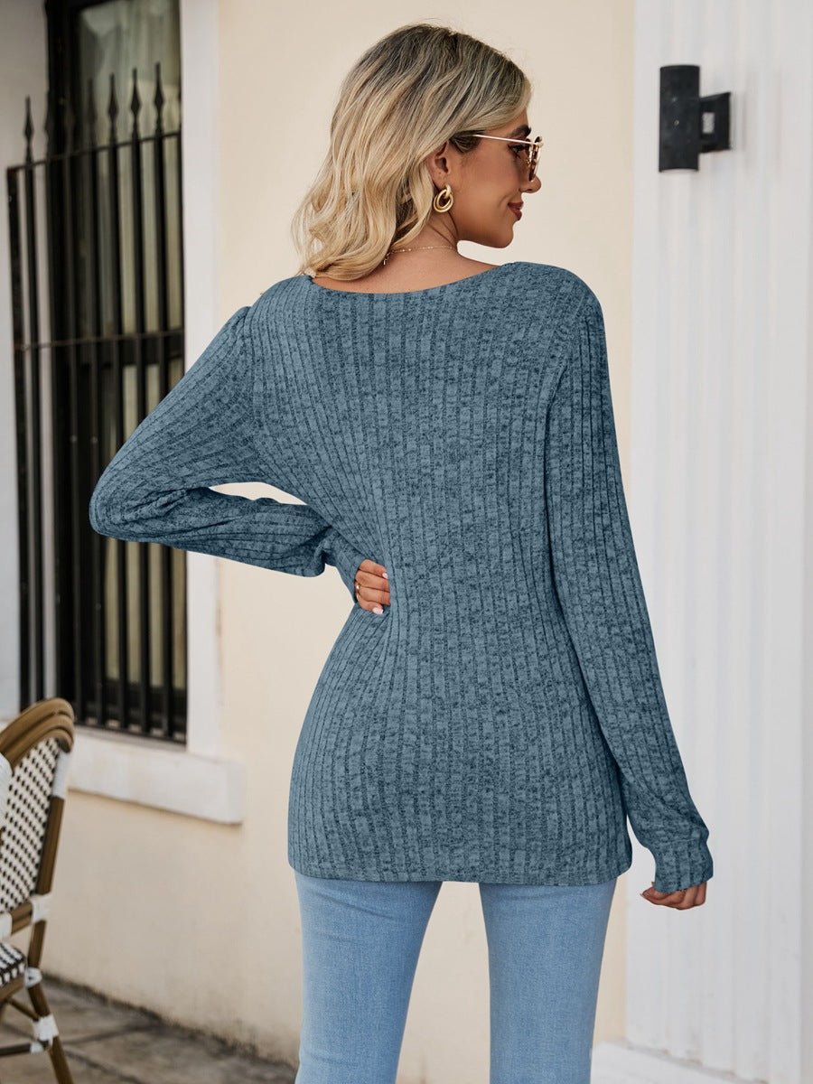 Square Neck Ribbed Long Sleeve T - Shirt - Knit Top - Dusty Blue - Bella Bourget