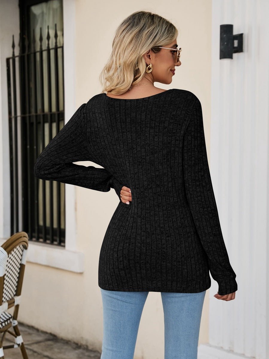 Square Neck Ribbed Long Sleeve T - Shirt - Knit Top - Black - Bella Bourget