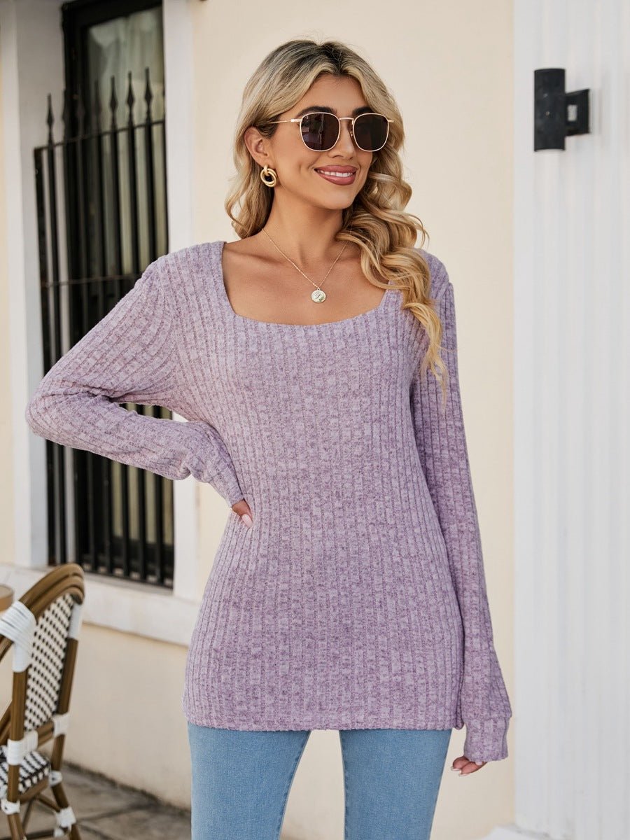 Square Neck Ribbed Long Sleeve T - Shirt - Knit Top - Lavender - Bella Bourget