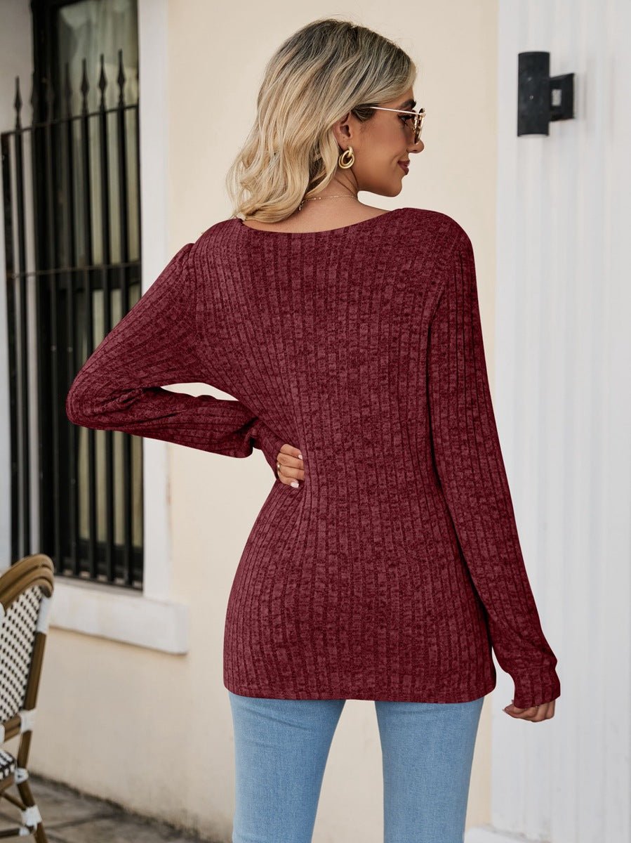 Square Neck Ribbed Long Sleeve T - Shirt - Knit Top - Wine - Bella Bourget