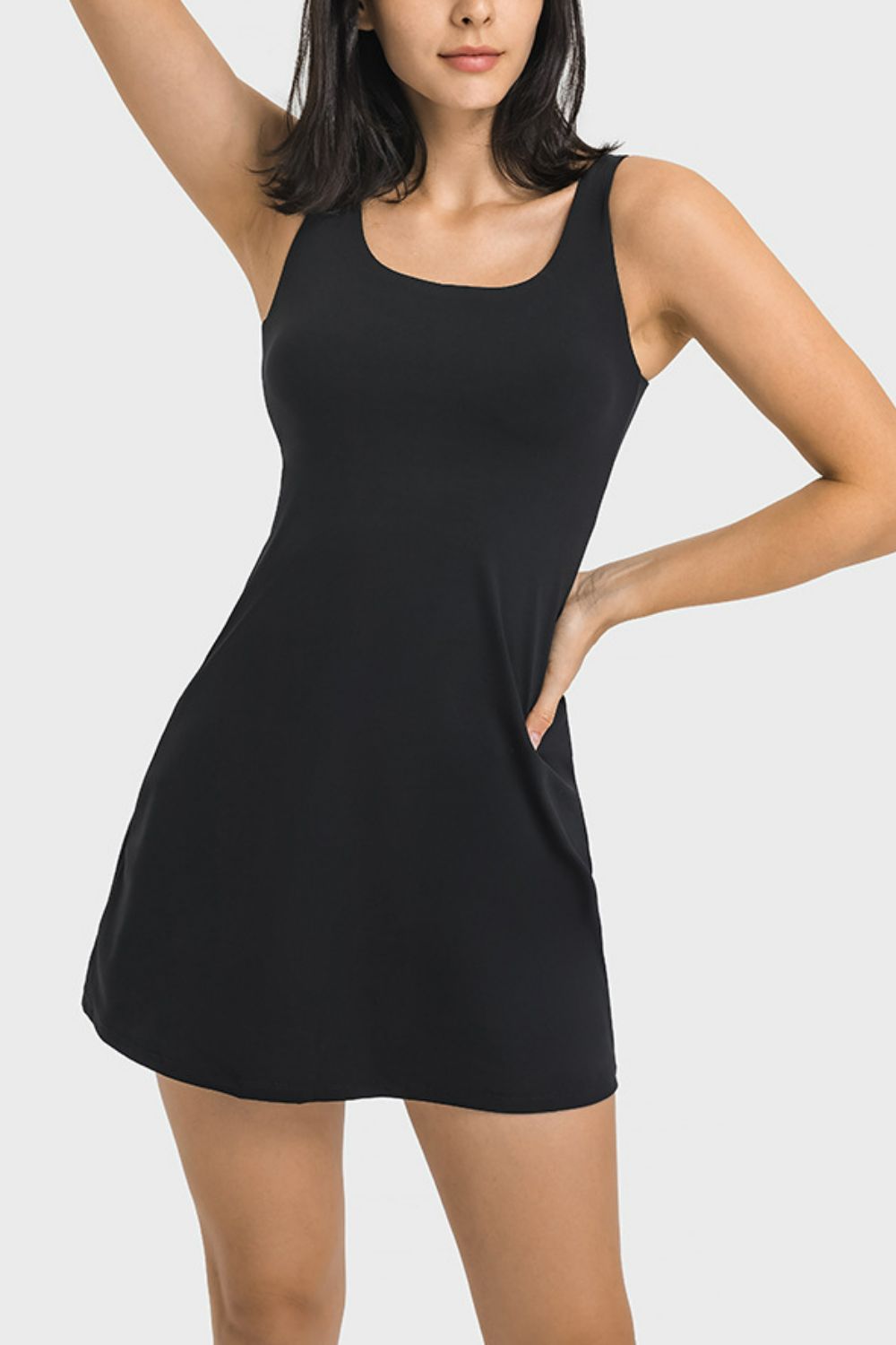 Square Neck Sports Tank Dress with Full Coverage Bottoms - Dress - Black - Bella Bourget