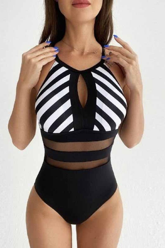 Striped Backless One - Piece Swimsuit - One - Piece Swimsuit - Black - Bella Bourget