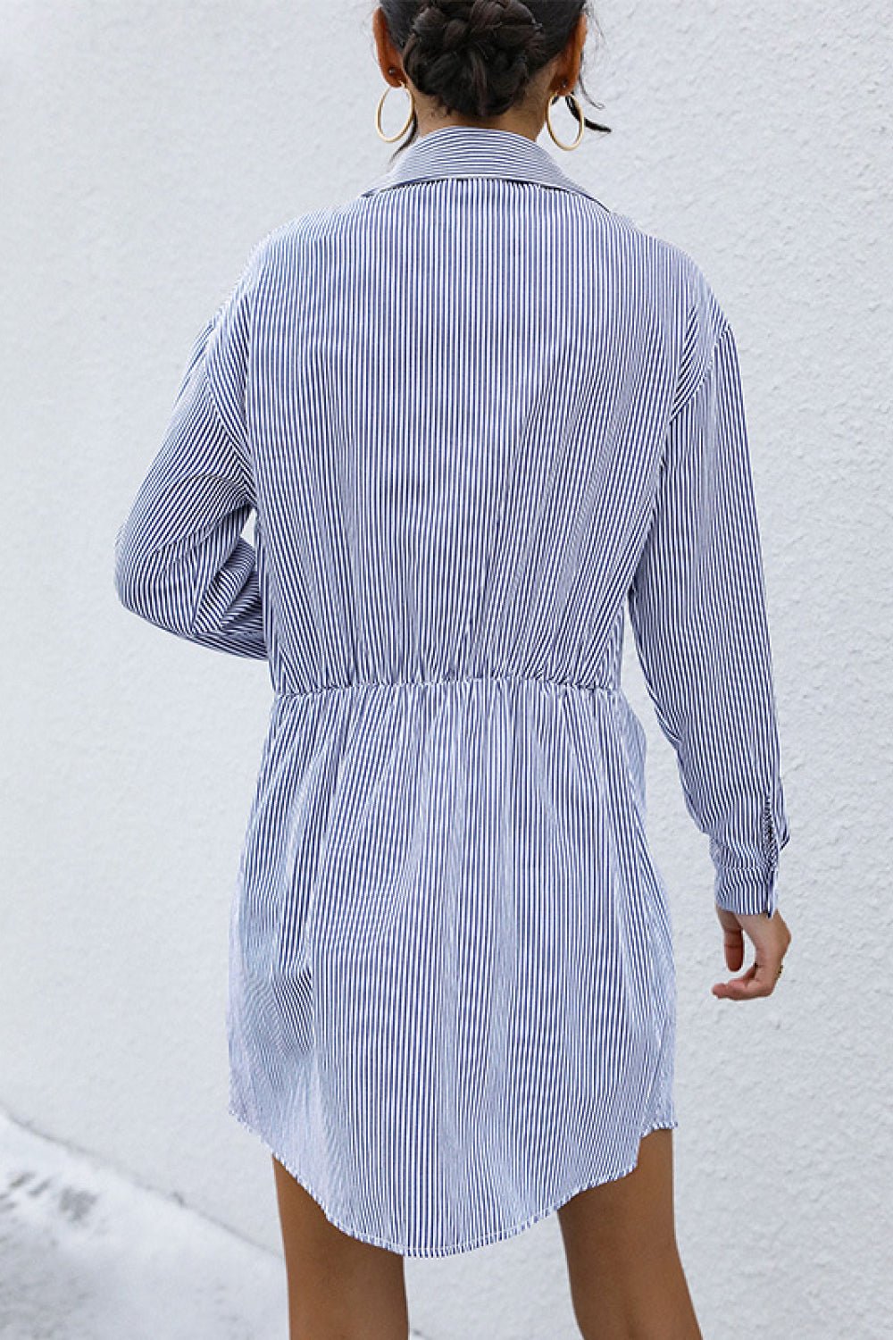 Striped Button Front Ruched Shirt Dress - Dress - Blue - Bella Bourget