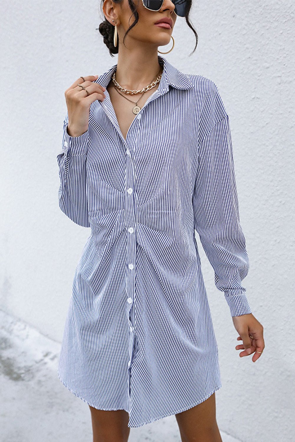 Striped Button Front Ruched Shirt Dress - Dress - Blue - Bella Bourget