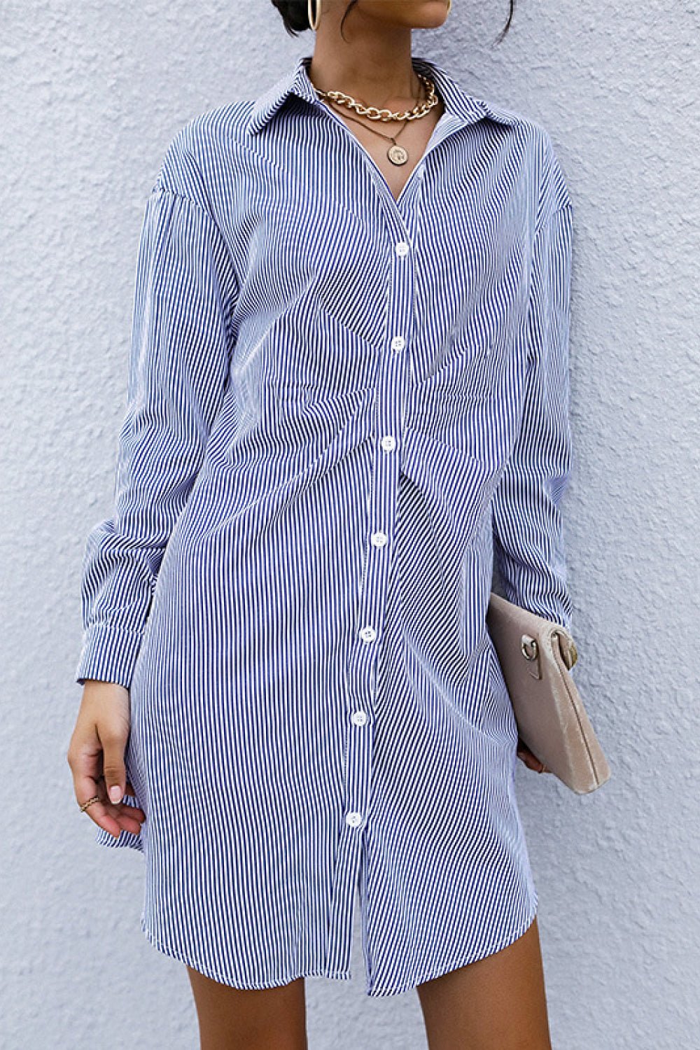 Striped Button Front Ruched Shirt Dress - Dress - Blue - Bella Bourget