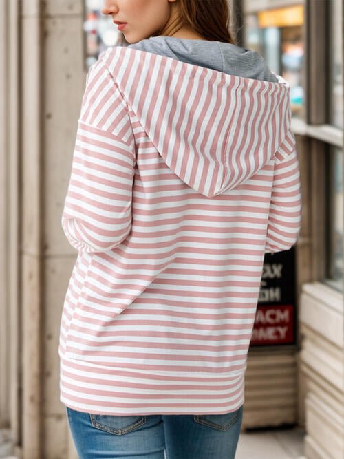 Striped Drawstring Half Zip Hoodie - Hoodie - Blush Pink - Bella Bourget