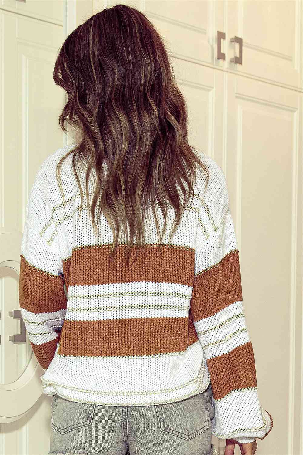 Striped Drop Shoulder Lantern Sleeve Sweater - Sweater - Camel - Bella Bourget