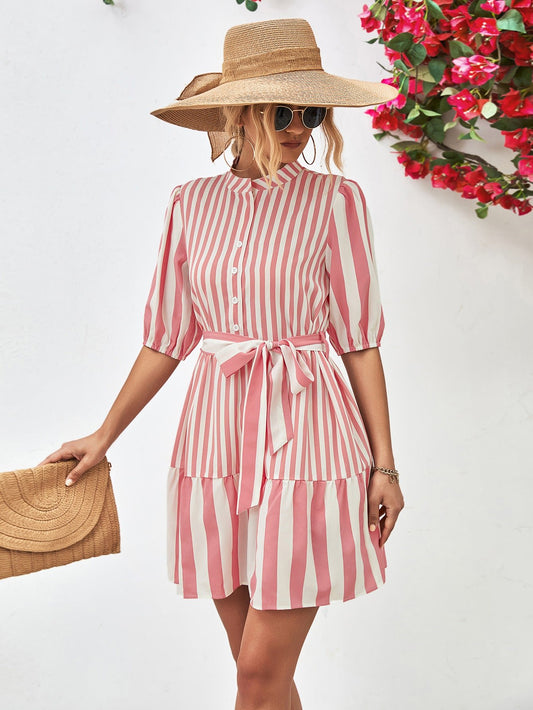 Striped Half Sleeve Tie Waist Mini Dress - Dress - Blush Pink - Bella Bourget