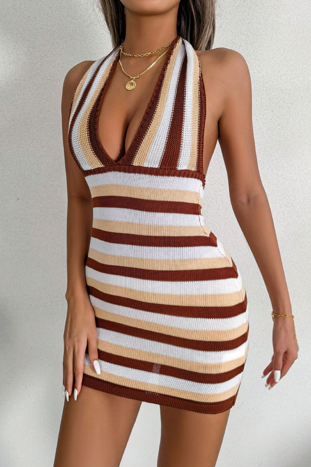 Striped Halter Neck Backless Knit Mini Dress - Dress - Coffee - Bella Bourget