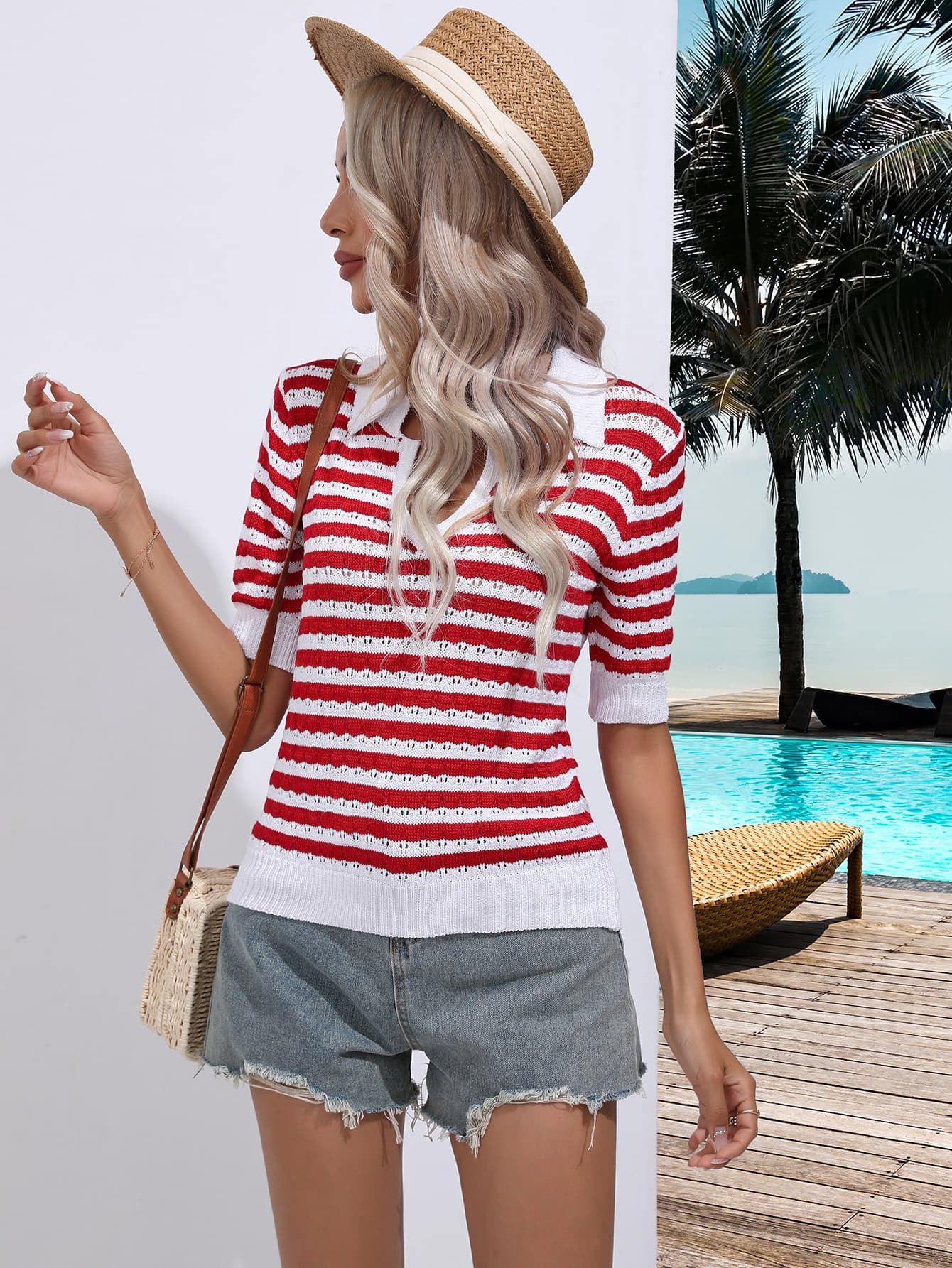 Striped Johnny Collar Half Sleeve Knit Top - Knit Top - Deep Red - Bella Bourget