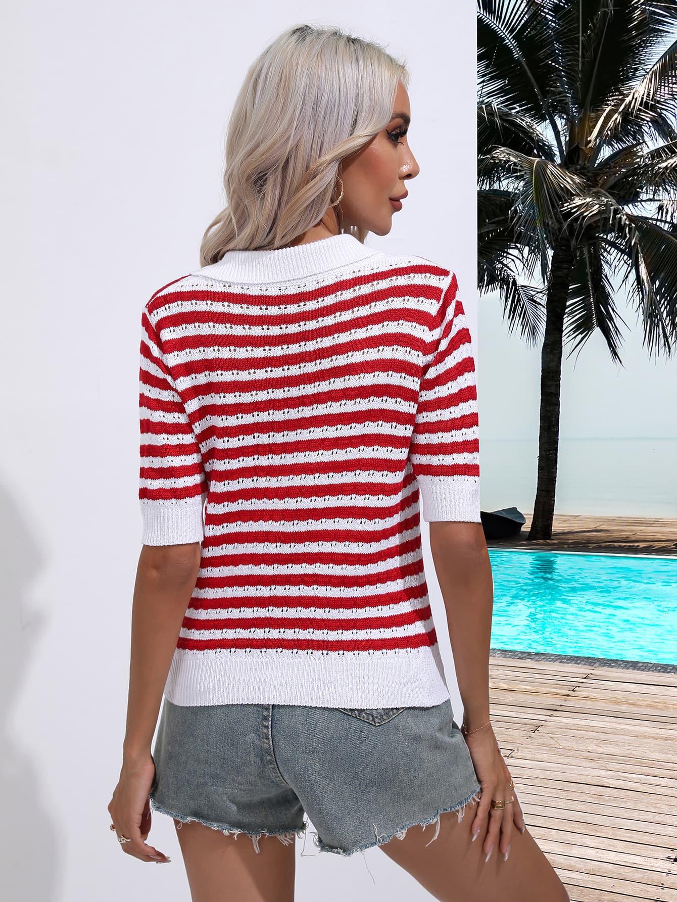 Striped Johnny Collar Half Sleeve Knit Top - Knit Top - Deep Red - Bella Bourget