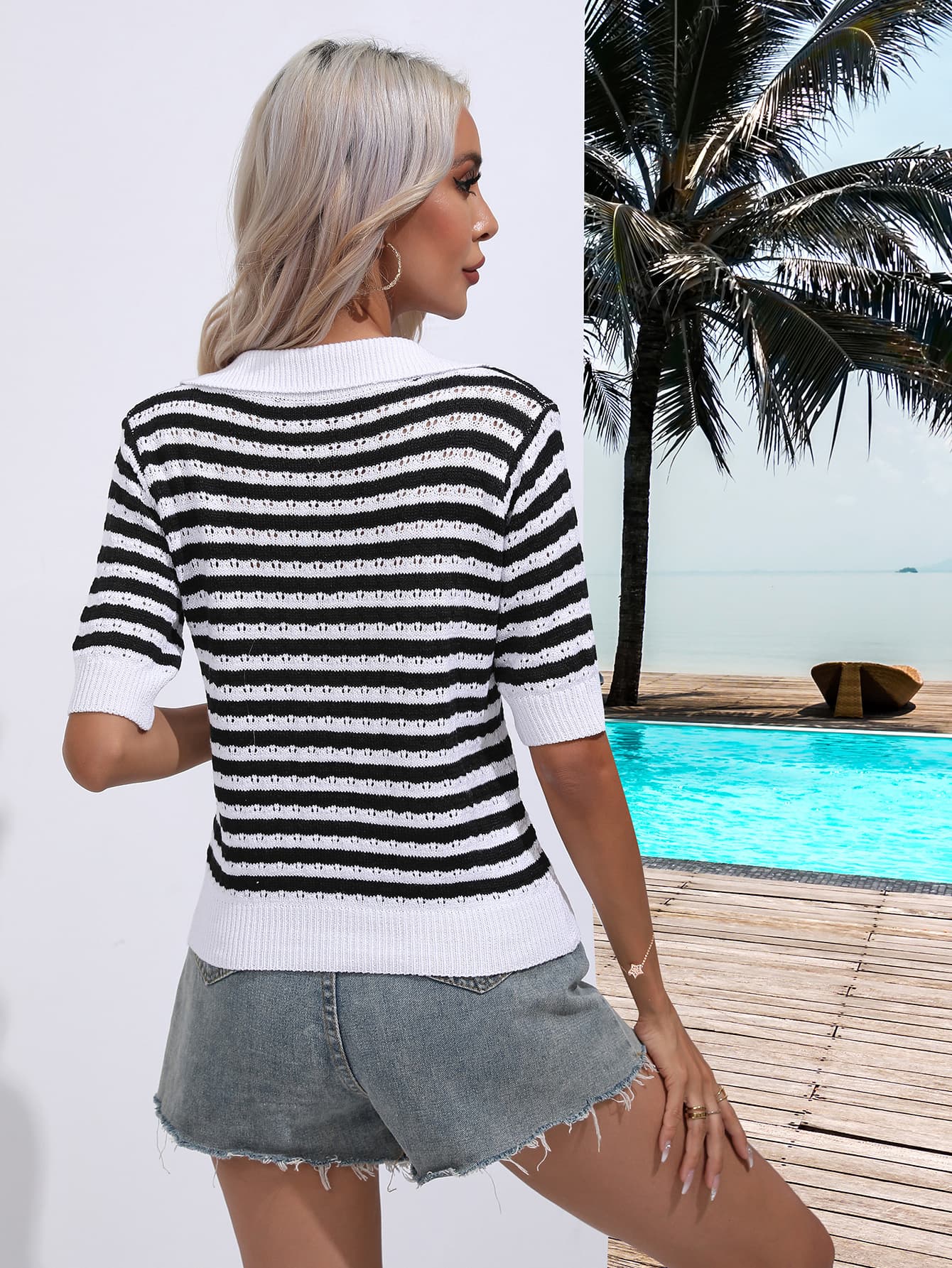 Striped Johnny Collar Half Sleeve Knit Top - Knit Top - Black - Bella Bourget