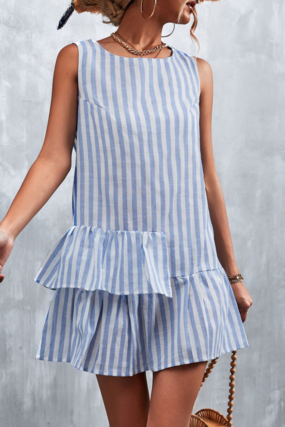 Striped Layered Sleeveless Dress - Dress - Pastel Blue - Bella Bourget