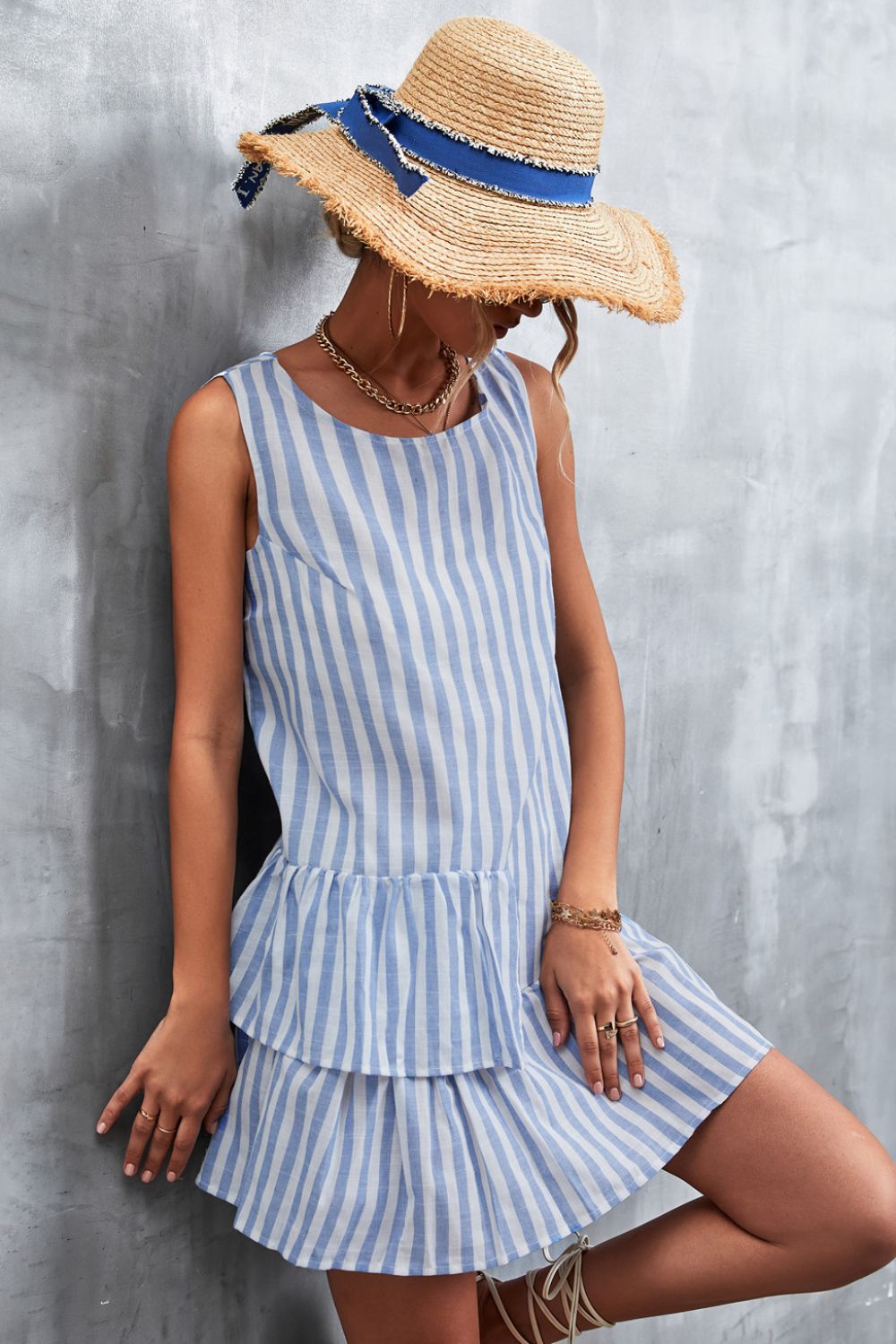 Striped Layered Sleeveless Dress - Dress - Pastel Blue - Bella Bourget