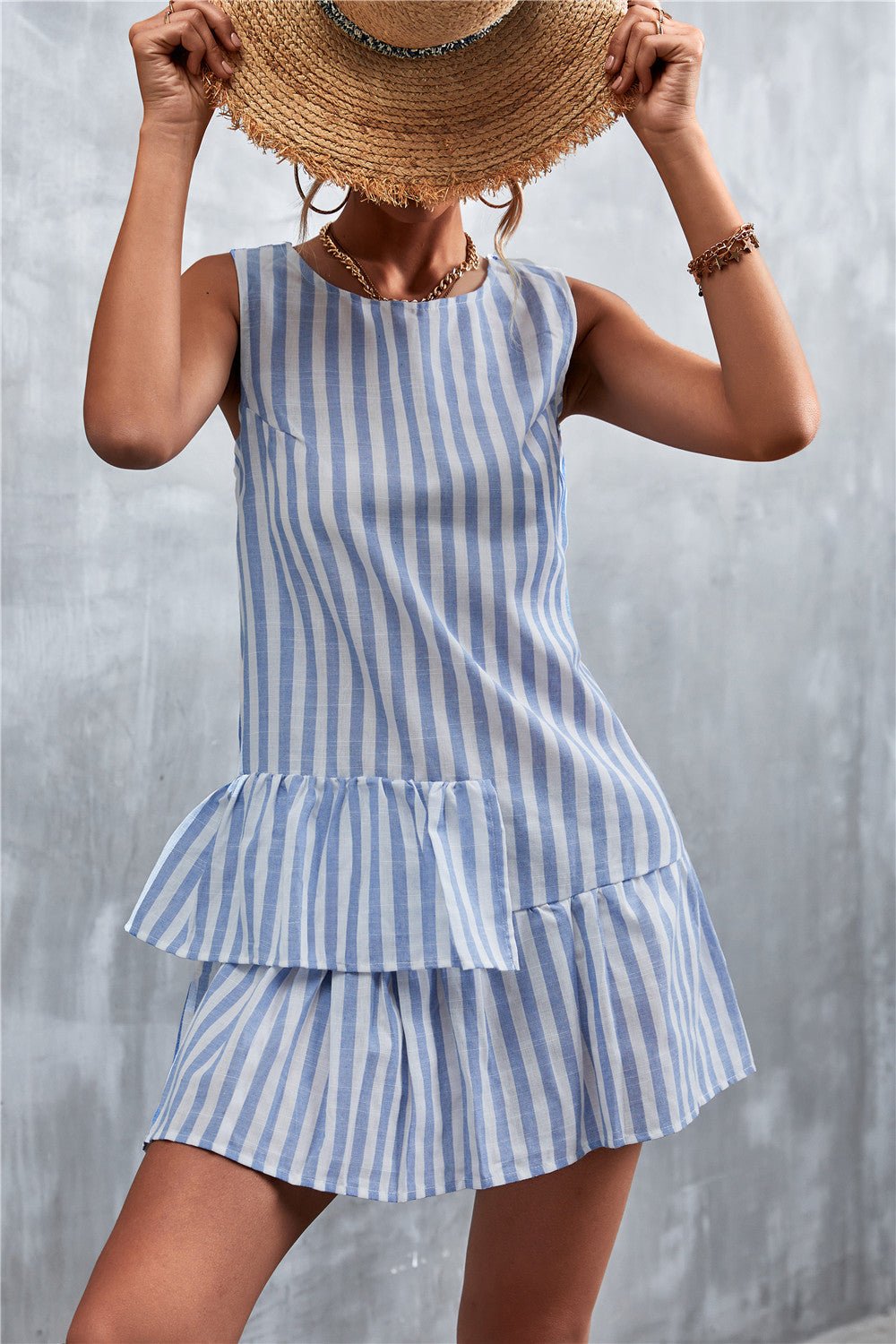 Striped Layered Sleeveless Dress - Dress - Pastel Blue - Bella Bourget