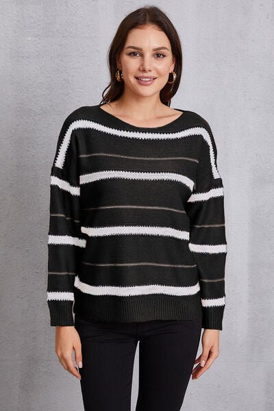 Striped Round Neck Dropped Shoulder Sweater - Sweater - Black - Bella Bourget