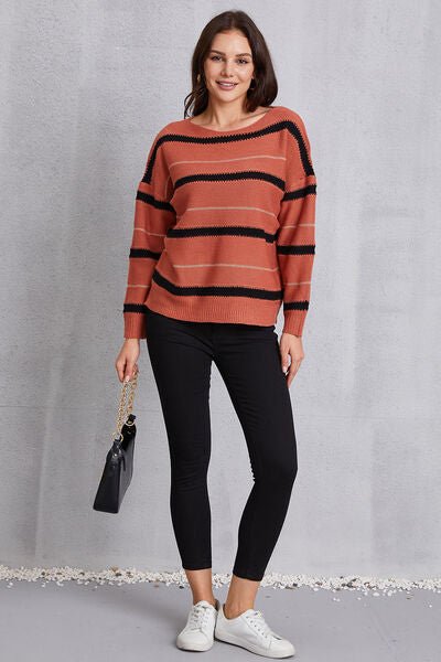 Striped Round Neck Dropped Shoulder Sweater - Sweater - Red Orange - Bella Bourget