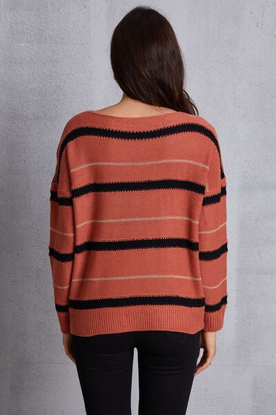 Striped Round Neck Dropped Shoulder Sweater - Sweater - Red Orange - Bella Bourget